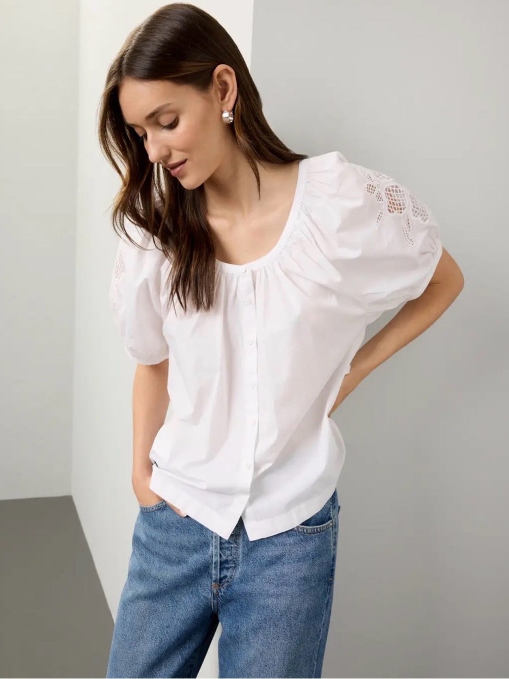 Madewell Embroidered White Puff-Sleeve Poplin Top Blouse - Size Medium